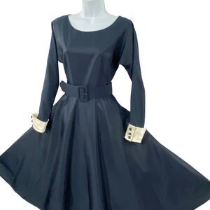Vtg Andrea Jovine 90's 50's BLUE Poly Taffeta 6 Cocktail SWING SKIRT Midi Dress